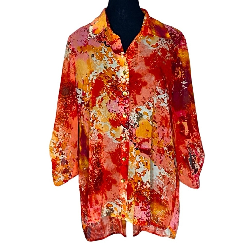 SUNNY LEIGH Chiffon Blouse Abstract Button Down Lightweight Flowy Size Medium